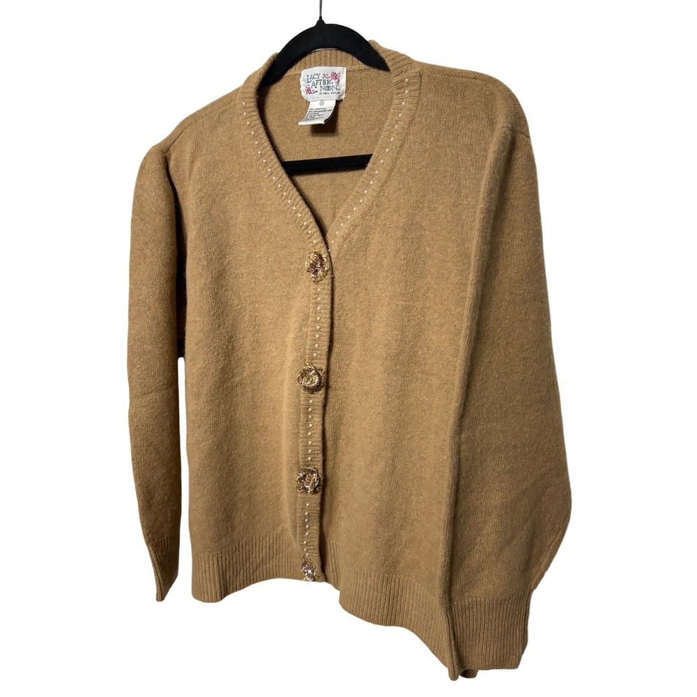 VTG Lacy After Noon Beaded Cardigan Sweater Tan Lambswool Angora Rabbit Size 3XL